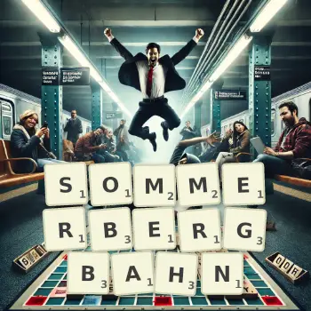 Kreative Illustration für ein Scrabble-Spiel, bei dem das Wort SOMMERBERGBAHN mit Steinen auf dem Brett gelegt wurde.