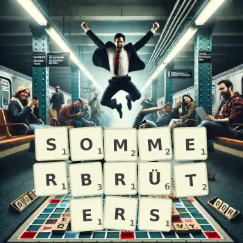 Kreative Illustration für ein Scrabble-Spiel, bei dem das Wort SOMMERBRÜTERS mit Steinen auf dem Brett gelegt wurde.