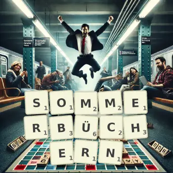 Kreative Illustration für ein Scrabble-Spiel, bei dem das Wort SOMMERBÜCHERN mit Steinen auf dem Brett gelegt wurde.