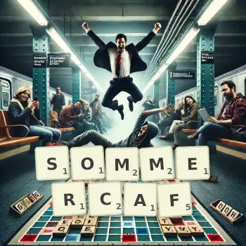 Kreative Illustration für ein Scrabble-Spiel, bei dem das Wort SOMMERCAF mit Steinen auf dem Brett gelegt wurde.