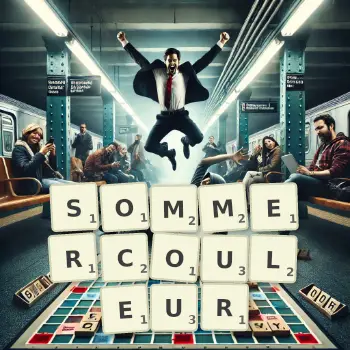 Kreative Illustration für ein Scrabble-Spiel, bei dem das Wort SOMMERCOULEUR mit Steinen auf dem Brett gelegt wurde.