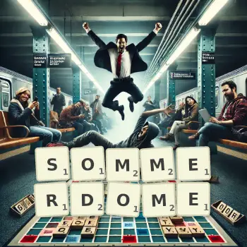 Kreative Illustration für ein Scrabble-Spiel, bei dem das Wort SOMMERDOME mit Steinen auf dem Brett gelegt wurde.