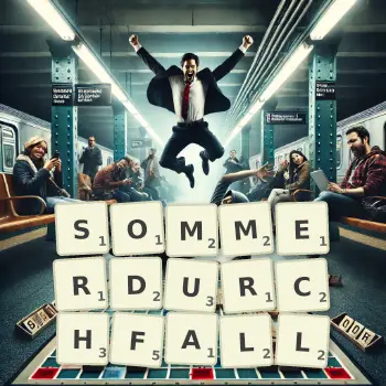 Kreative Illustration für ein Scrabble-Spiel, bei dem das Wort SOMMERDURCHFALL mit Steinen auf dem Brett gelegt wurde.
