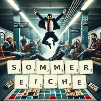 Kreative Illustration für ein Scrabble-Spiel, bei dem das Wort SOMMEREICHE mit Steinen auf dem Brett gelegt wurde.