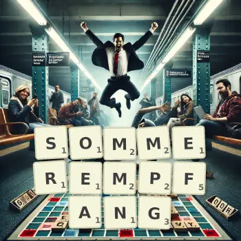 Kreative Illustration für ein Scrabble-Spiel, bei dem das Wort SOMMEREMPFANG mit Steinen auf dem Brett gelegt wurde.