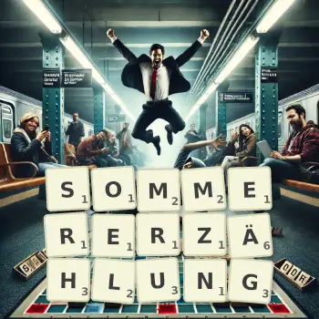 Kreative Illustration für ein Scrabble-Spiel, bei dem das Wort SOMMERERZÄHLUNG mit Steinen auf dem Brett gelegt wurde.