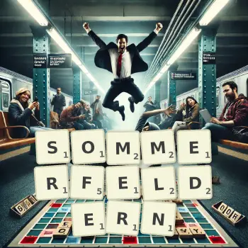 Kreative Illustration für ein Scrabble-Spiel, bei dem das Wort SOMMERFELDERN mit Steinen auf dem Brett gelegt wurde.