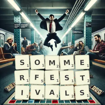 Kreative Illustration für ein Scrabble-Spiel, bei dem das Wort SOMMERFESTIVALS mit Steinen auf dem Brett gelegt wurde.