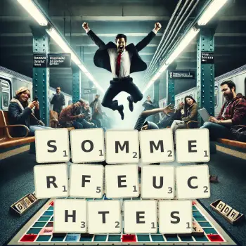 Kreative Illustration für ein Scrabble-Spiel, bei dem das Wort SOMMERFEUCHTES mit Steinen auf dem Brett gelegt wurde.