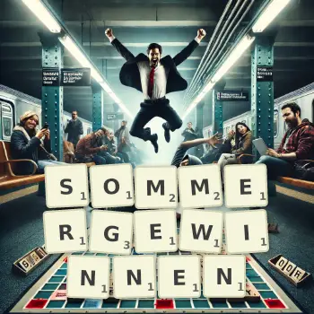 Kreative Illustration für ein Scrabble-Spiel, bei dem das Wort SOMMERGEWINNEN mit Steinen auf dem Brett gelegt wurde.