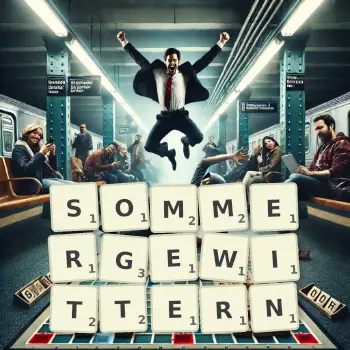 Kreative Illustration für ein Scrabble-Spiel, bei dem das Wort SOMMERGEWITTERN mit Steinen auf dem Brett gelegt wurde.