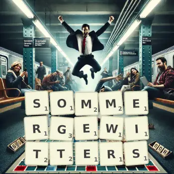 Kreative Illustration für ein Scrabble-Spiel, bei dem das Wort SOMMERGEWITTERS mit Steinen auf dem Brett gelegt wurde.
