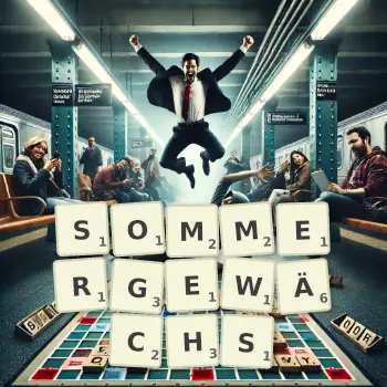 Kreative Illustration für ein Scrabble-Spiel, bei dem das Wort SOMMERGEWÄCHS mit Steinen auf dem Brett gelegt wurde.