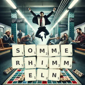 Kreative Illustration für ein Scrabble-Spiel, bei dem das Wort SOMMERHIMMELN mit Steinen auf dem Brett gelegt wurde.