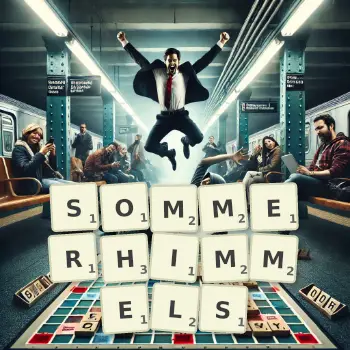 Kreative Illustration für ein Scrabble-Spiel, bei dem das Wort SOMMERHIMMELS mit Steinen auf dem Brett gelegt wurde.