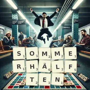 Kreative Illustration für ein Scrabble-Spiel, bei dem das Wort SOMMERHÄLFTEN mit Steinen auf dem Brett gelegt wurde.