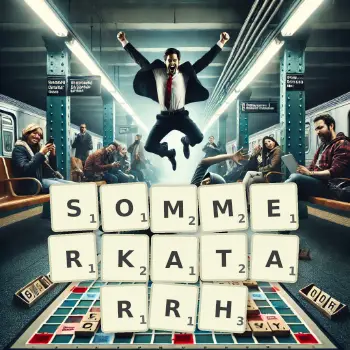 Kreative Illustration für ein Scrabble-Spiel, bei dem das Wort SOMMERKATARRH mit Steinen auf dem Brett gelegt wurde.