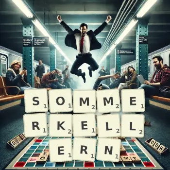 Kreative Illustration für ein Scrabble-Spiel, bei dem das Wort SOMMERKELLERN mit Steinen auf dem Brett gelegt wurde.