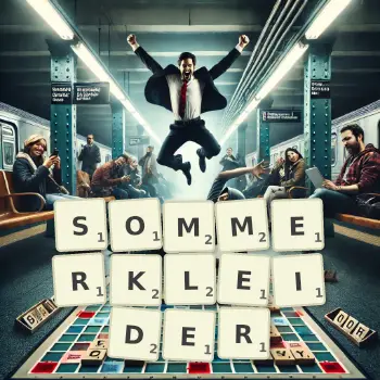 Kreative Illustration für ein Scrabble-Spiel, bei dem das Wort SOMMERKLEIDER mit Steinen auf dem Brett gelegt wurde.