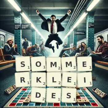 Kreative Illustration für ein Scrabble-Spiel, bei dem das Wort SOMMERKLEIDES mit Steinen auf dem Brett gelegt wurde.