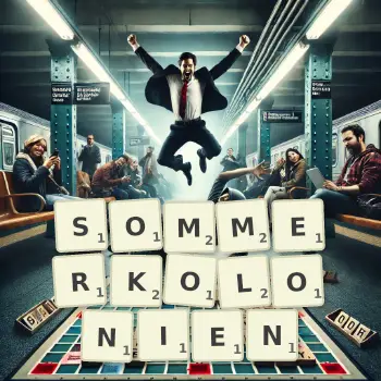 Kreative Illustration für ein Scrabble-Spiel, bei dem das Wort SOMMERKOLONIEN mit Steinen auf dem Brett gelegt wurde.