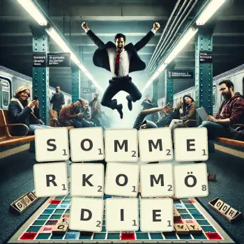Kreative Illustration für ein Scrabble-Spiel, bei dem das Wort SOMMERKOMÖDIE mit Steinen auf dem Brett gelegt wurde.