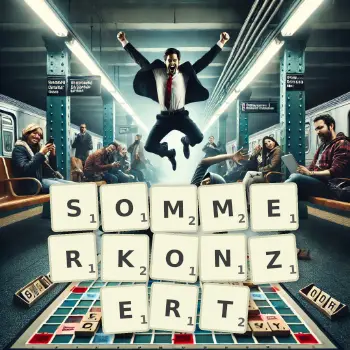 Kreative Illustration für ein Scrabble-Spiel, bei dem das Wort SOMMERKONZERT mit Steinen auf dem Brett gelegt wurde.