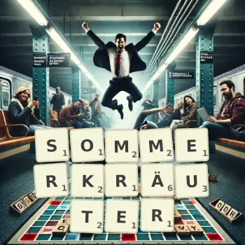 Kreative Illustration für ein Scrabble-Spiel, bei dem das Wort SOMMERKRÄUTER mit Steinen auf dem Brett gelegt wurde.