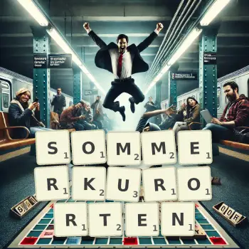 Kreative Illustration für ein Scrabble-Spiel, bei dem das Wort SOMMERKURORTEN mit Steinen auf dem Brett gelegt wurde.