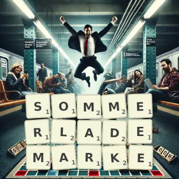 Kreative Illustration für ein Scrabble-Spiel, bei dem das Wort SOMMERLADEMARKE mit Steinen auf dem Brett gelegt wurde.