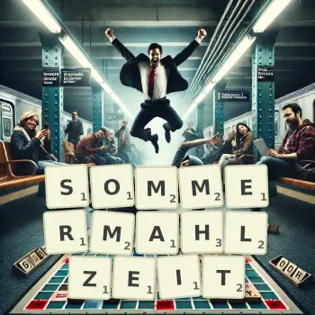 Kreative Illustration für ein Scrabble-Spiel, bei dem das Wort SOMMERMAHLZEIT mit Steinen auf dem Brett gelegt wurde.