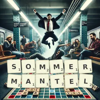 Kreative Illustration für ein Scrabble-Spiel, bei dem das Wort SOMMERMANTEL mit Steinen auf dem Brett gelegt wurde.