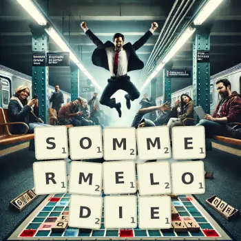 Kreative Illustration für ein Scrabble-Spiel, bei dem das Wort SOMMERMELODIE mit Steinen auf dem Brett gelegt wurde.
