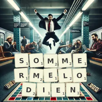Kreative Illustration für ein Scrabble-Spiel, bei dem das Wort SOMMERMELODIEN mit Steinen auf dem Brett gelegt wurde.