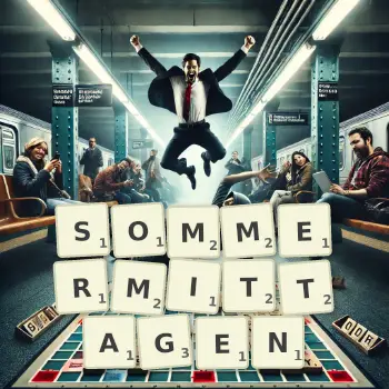 Kreative Illustration für ein Scrabble-Spiel, bei dem das Wort SOMMERMITTAGEN mit Steinen auf dem Brett gelegt wurde.