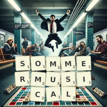 Kreative Illustration für ein Scrabble-Spiel, bei dem das Wort SOMMERMUSICAL mit Steinen auf dem Brett gelegt wurde.
