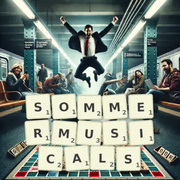 Kreative Illustration für ein Scrabble-Spiel, bei dem das Wort SOMMERMUSICALS mit Steinen auf dem Brett gelegt wurde.