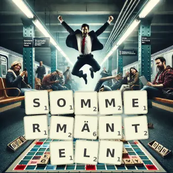 Kreative Illustration für ein Scrabble-Spiel, bei dem das Wort SOMMERMÄNTELN mit Steinen auf dem Brett gelegt wurde.