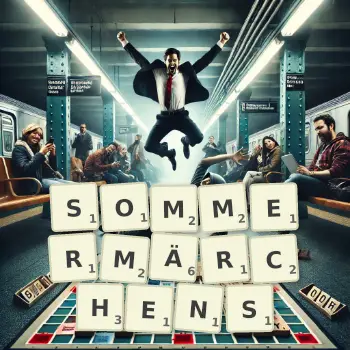 Kreative Illustration für ein Scrabble-Spiel, bei dem das Wort SOMMERMÄRCHENS mit Steinen auf dem Brett gelegt wurde.