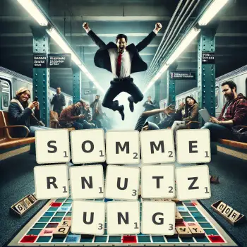 Kreative Illustration für ein Scrabble-Spiel, bei dem das Wort SOMMERNUTZUNG mit Steinen auf dem Brett gelegt wurde.