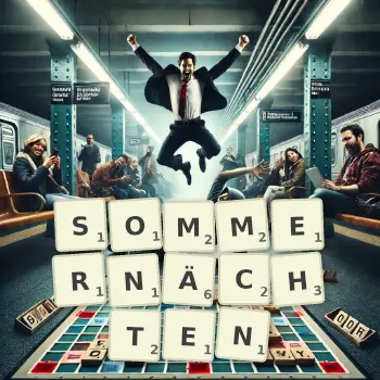 Kreative Illustration für ein Scrabble-Spiel, bei dem das Wort SOMMERNÄCHTEN mit Steinen auf dem Brett gelegt wurde.