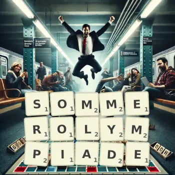 Kreative Illustration für ein Scrabble-Spiel, bei dem das Wort SOMMEROLYMPIADE mit Steinen auf dem Brett gelegt wurde.