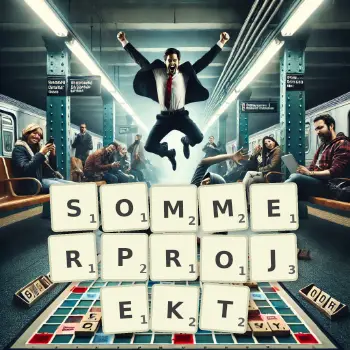 Kreative Illustration für ein Scrabble-Spiel, bei dem das Wort SOMMERPROJEKT mit Steinen auf dem Brett gelegt wurde.