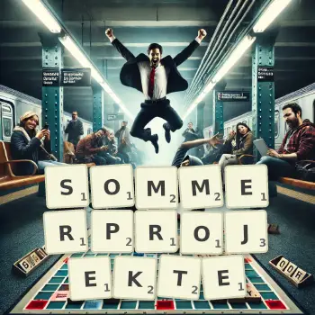 Kreative Illustration für ein Scrabble-Spiel, bei dem das Wort SOMMERPROJEKTE mit Steinen auf dem Brett gelegt wurde.