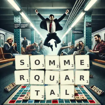 Kreative Illustration für ein Scrabble-Spiel, bei dem das Wort SOMMERQUARTAL mit Steinen auf dem Brett gelegt wurde.