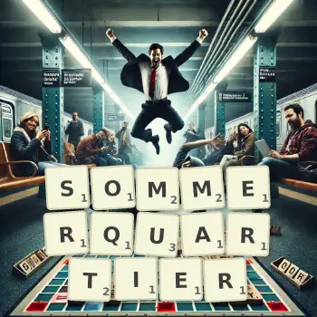 Kreative Illustration für ein Scrabble-Spiel, bei dem das Wort SOMMERQUARTIER mit Steinen auf dem Brett gelegt wurde.
