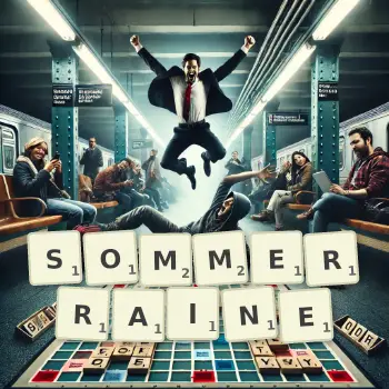Kreative Illustration für ein Scrabble-Spiel, bei dem das Wort SOMMERRAINE mit Steinen auf dem Brett gelegt wurde.
