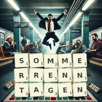 Kreative Illustration für ein Scrabble-Spiel, bei dem das Wort SOMMERRENNTAGEN mit Steinen auf dem Brett gelegt wurde.