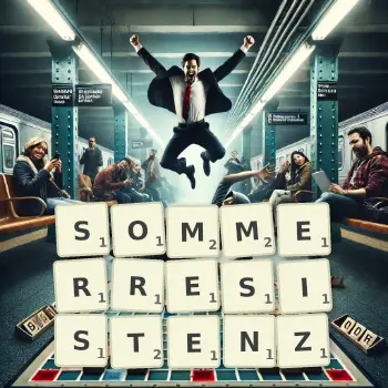 Kreative Illustration für ein Scrabble-Spiel, bei dem das Wort SOMMERRESISTENZ mit Steinen auf dem Brett gelegt wurde.