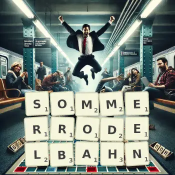 Kreative Illustration für ein Scrabble-Spiel, bei dem das Wort SOMMERRODELBAHN mit Steinen auf dem Brett gelegt wurde.